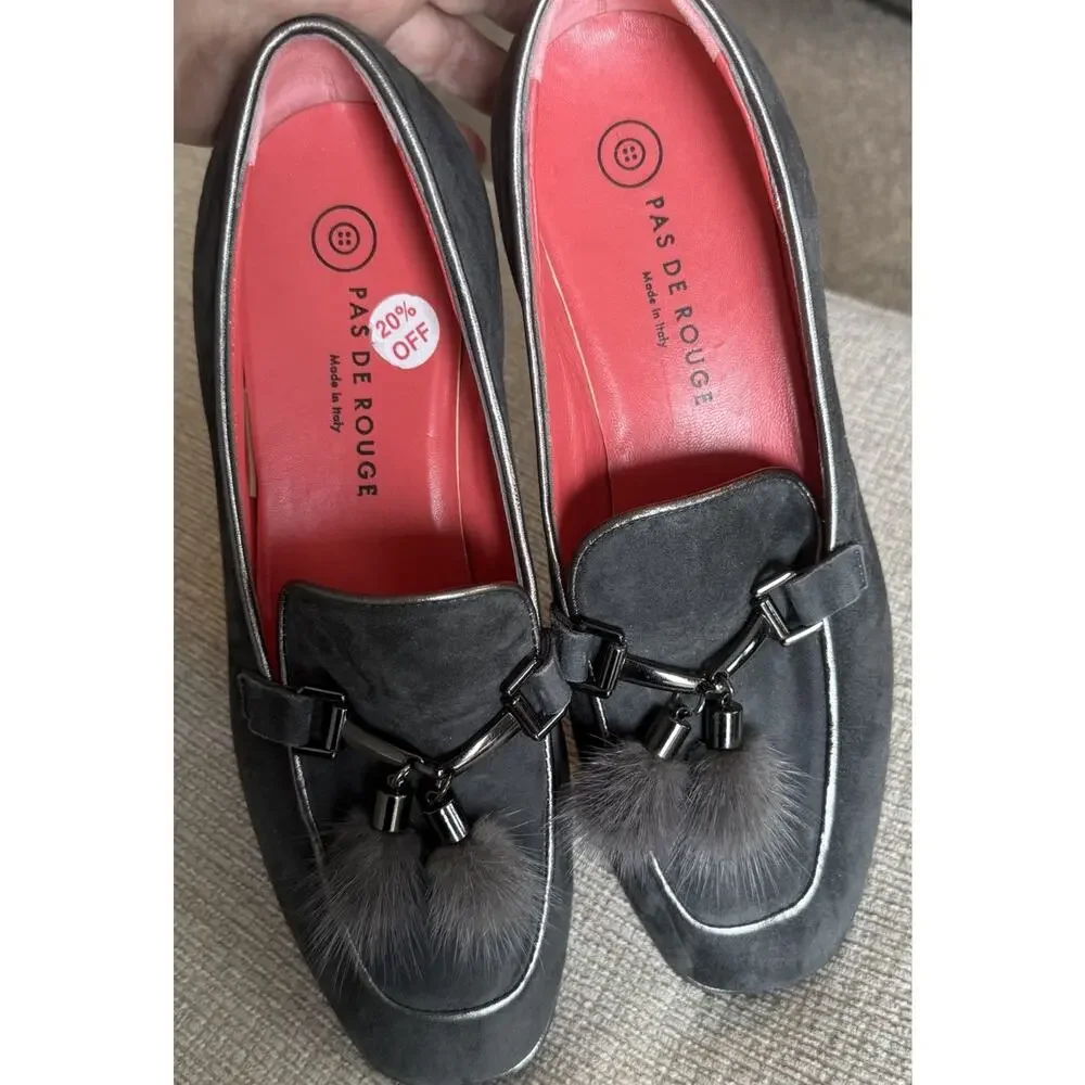 PAS DE ROUGE Lola Black Suede Dressy Loafer‎ Women's 39 US 8.5 Rabbit Fur Tassel